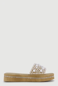 Rhinestone Trim Faux Pearl Band Slide Sandals