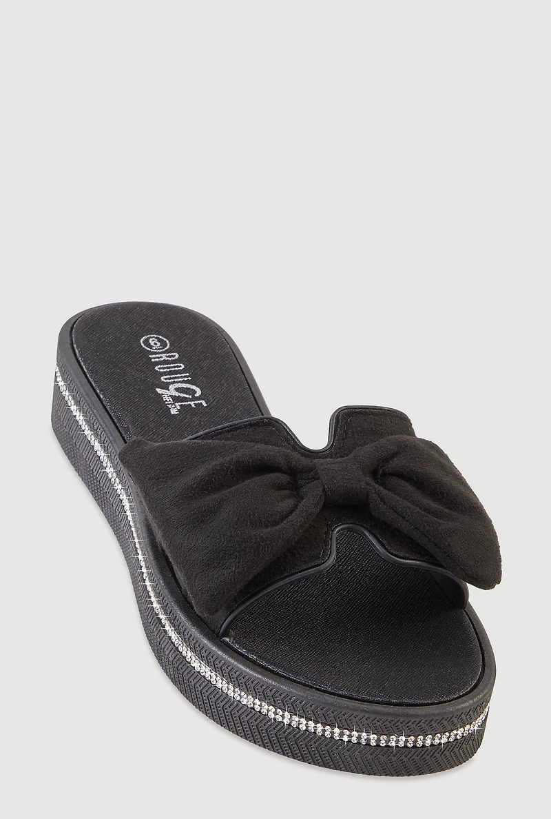 Bow Detail H Band Slide Sandals with Rhinestone Trim
