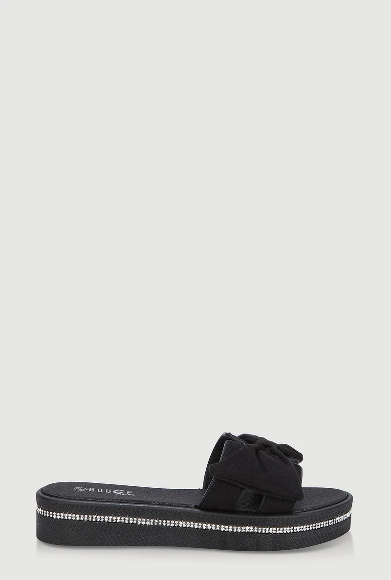 Bow Detail H Band Slide Sandals with Rhinestone Trim