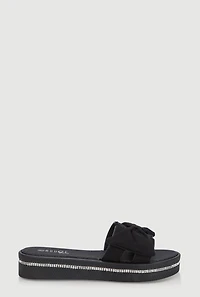 Bow Detail H Band Slide Sandals with Rhinestone Trim