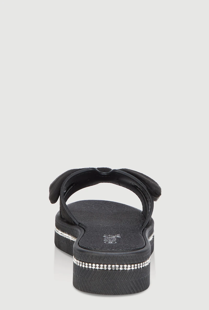 Bow Detail H Band Slide Sandals with Rhinestone Trim