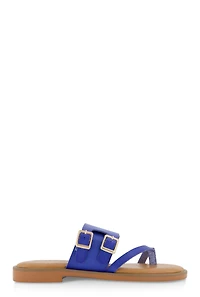 Womens Double Buckle Toe Loop Slide Sandals, Blue,