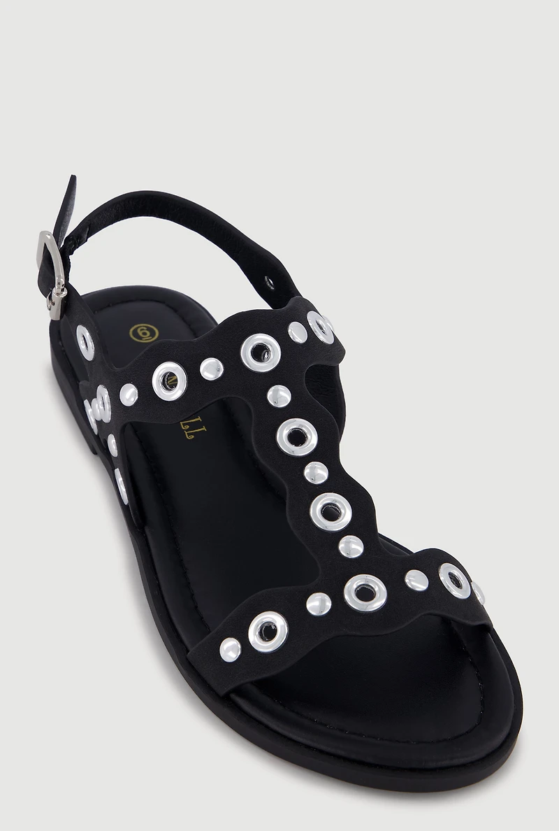 Metallic Grommet Ankle Strap Open Toe Sandals