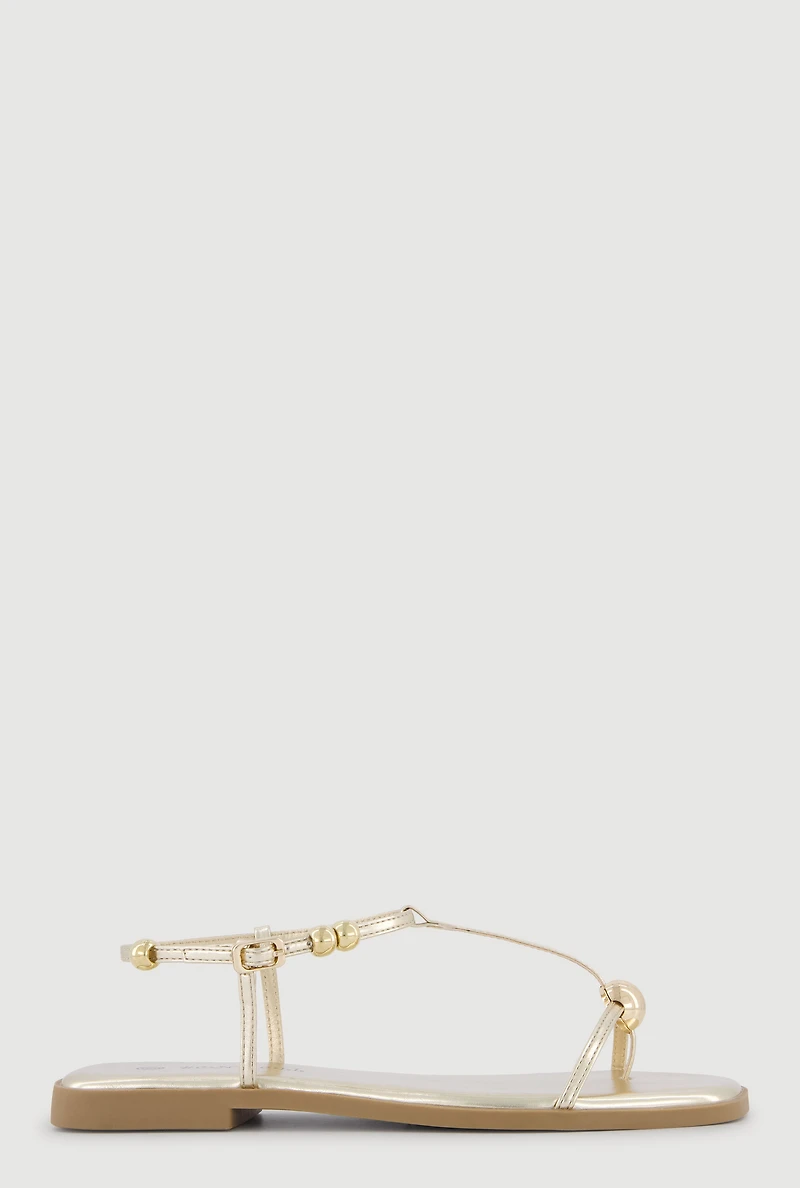 Metallic Beaded Ankle Strap Toe Loop Sandals