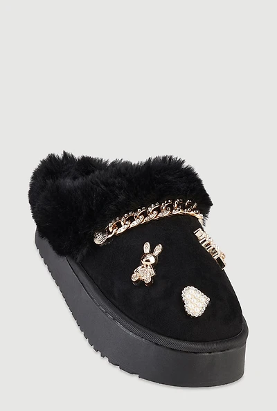 Womens Faux Fur Lined Studded Charm Platform Mule Slippers,
