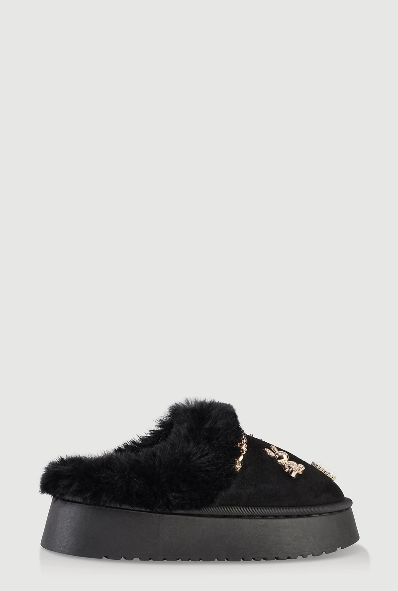 Womens Faux Fur Lined Studded Charm Platform Mule Slippers,