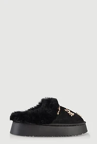 Womens Faux Fur Lined Studded Charm Platform Mule Slippers,