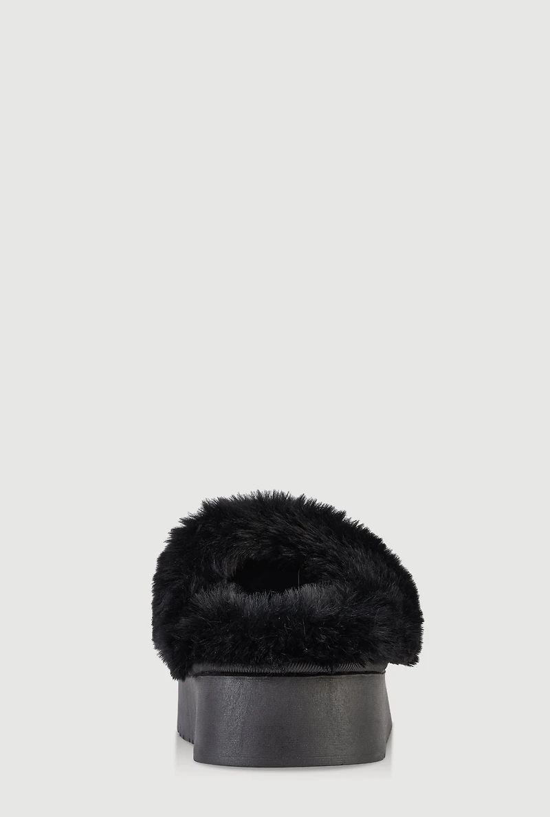 Womens Faux Fur Lined Studded Charm Platform Mule Slippers,