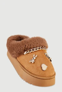 Womens Faux Fur Lined Studded Charm Platform Mule Slippers, Brown, Size 6