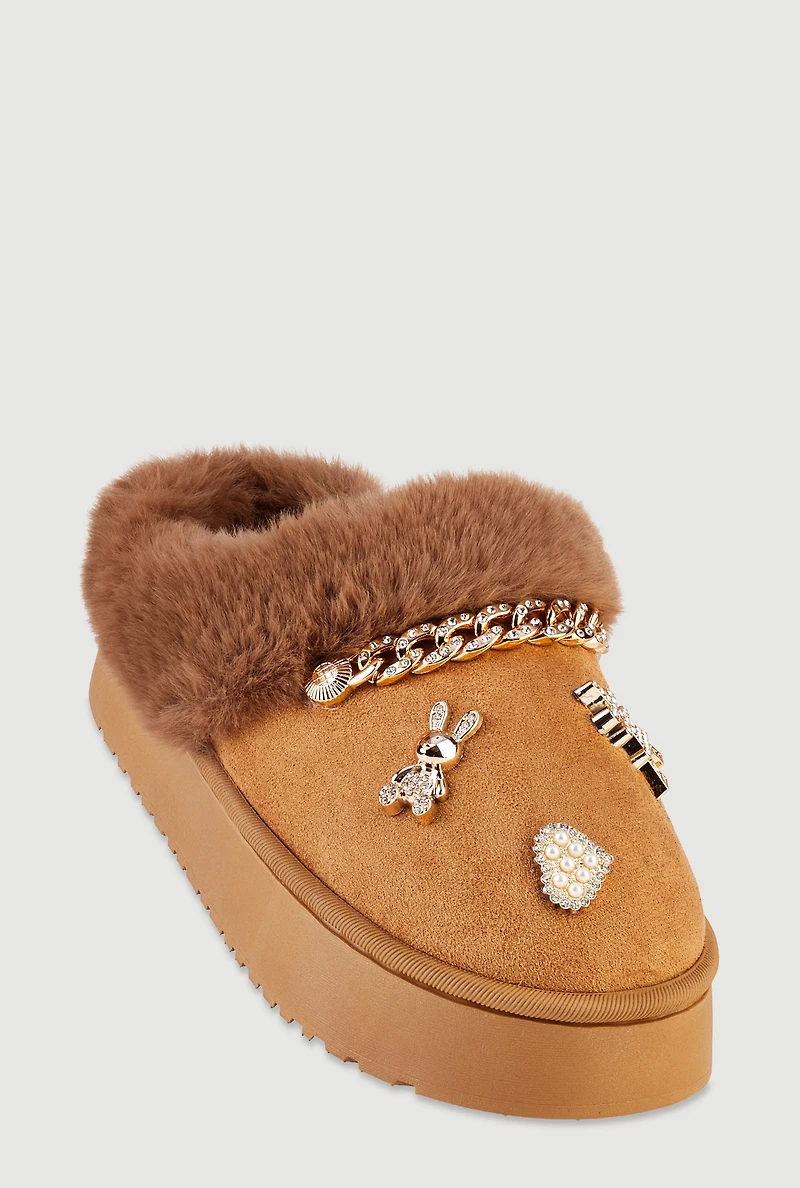 Faux Fur Lined Studded Charm Platform Mule Slippers