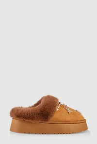 Womens Faux Fur Lined Studded Charm Platform Mule Slippers, Brown, Size 6