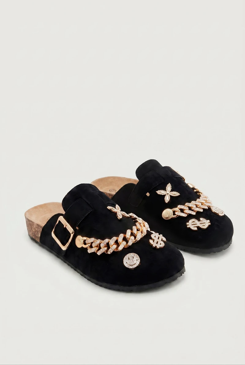 Chain Link Rhinestone Charm Faux Suede Clog Mules