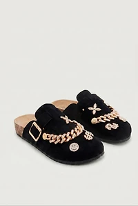Chain Link Rhinestone Charm Faux Suede Clog Mules