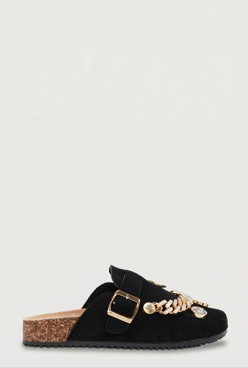 Chain Link Rhinestone Charm Faux Suede Clog Mules