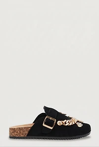 Chain Link Rhinestone Charm Faux Suede Clog Mules