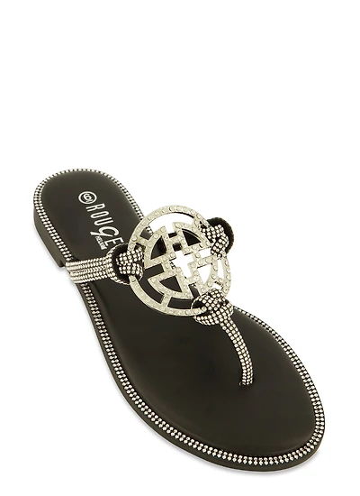 Rhinestone Geo Pendant Thong Sandals