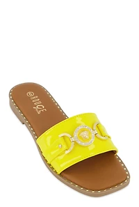 Metallic Pendant Faux Patent Leather Slide Sandals