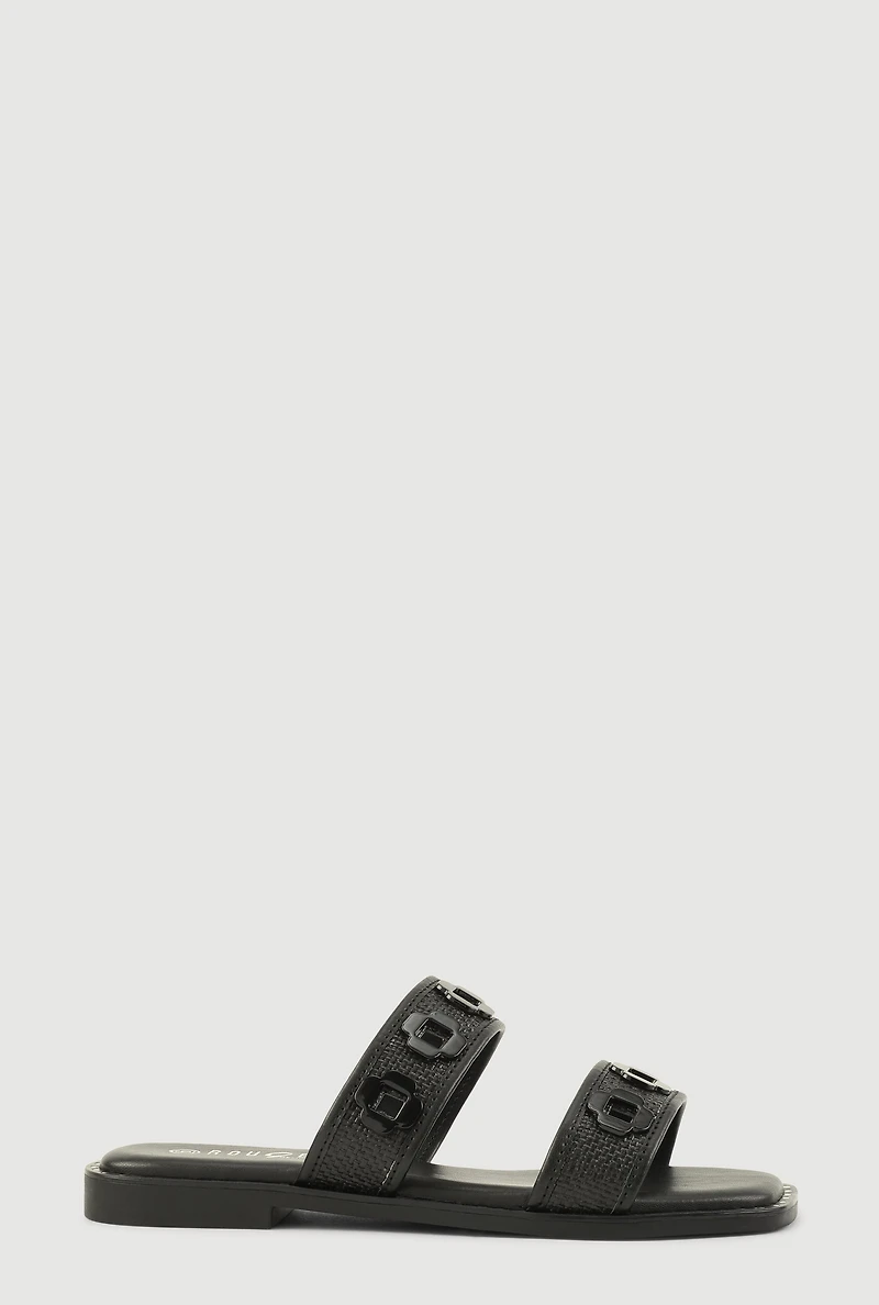 Womens Metallic Floral Cut Out Detail Slide Sandals, Black, Size 10