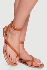 Womens Strappy Toe Loop Studded Flat Sandals,