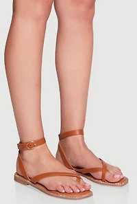Womens Strappy Toe Loop Studded Flat Sandals,