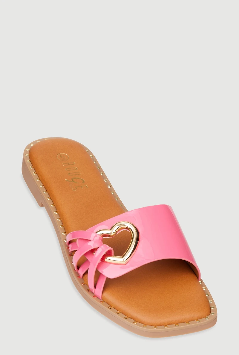 Womens Metallic Heart Cut Out Slide Sandals, Pink,