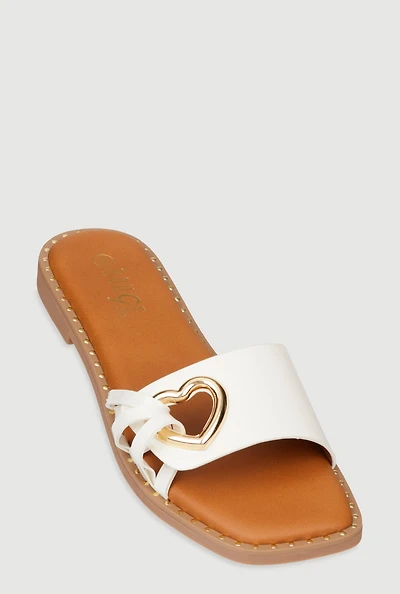 Womens Metallic Heart Cut Out Slide Sandals, White, Size 8