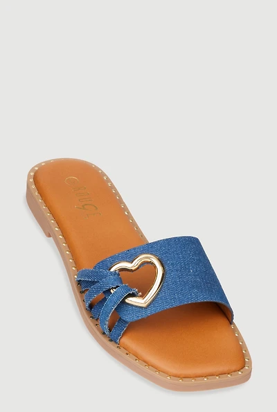 Womens Metallic Heart Cut Out Slide Sandals,
