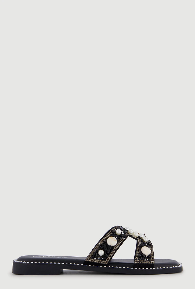 Rhinestone Faux Pearl Beaded H Band Sandals