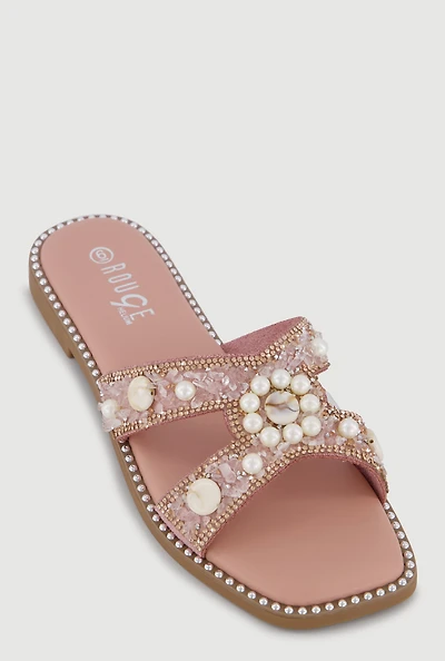 Rhinestone Faux Pearl Beaded H Band Sandals