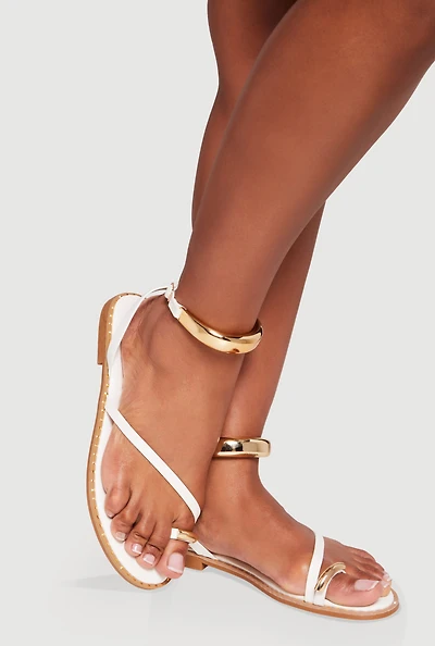 Womens Metallic Studded Open Toe Sandals with Buckles, White, Size 11