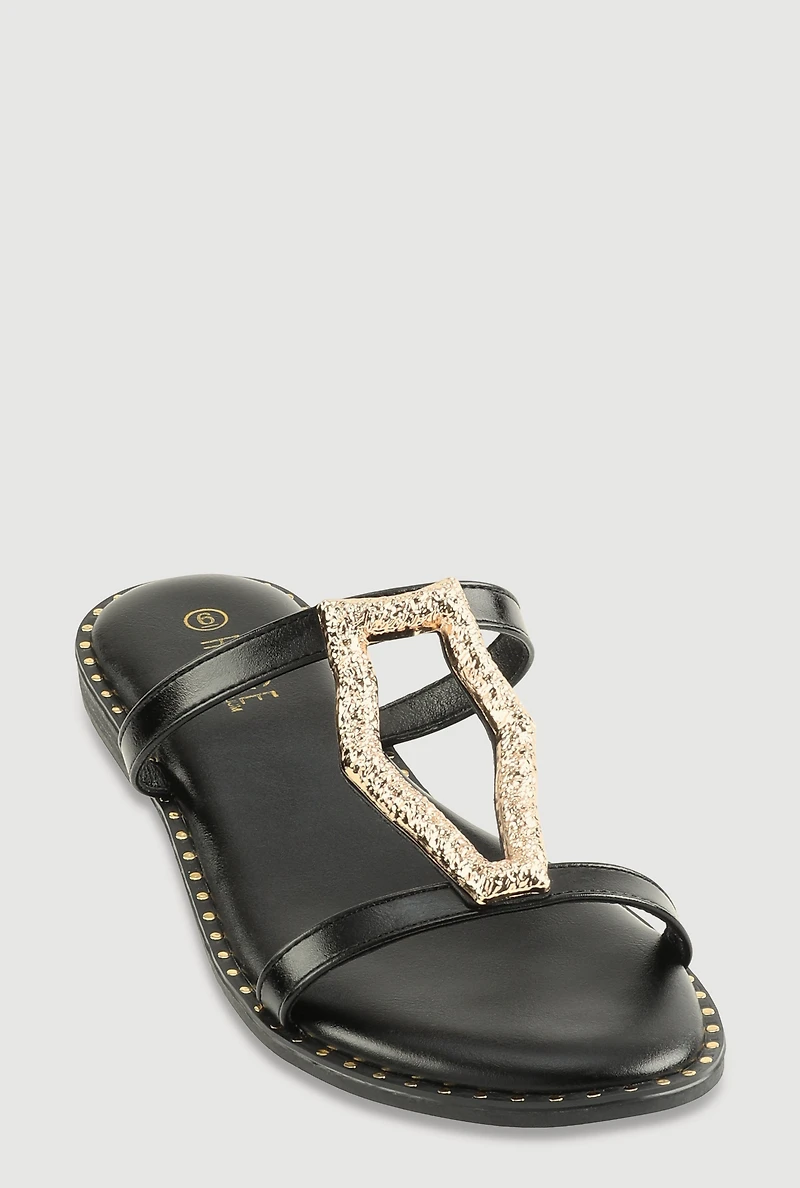 Womens Metallic Keyhole Detail Slide Sandals,