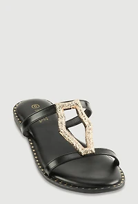 Womens Metallic Keyhole Detail Slide Sandals,