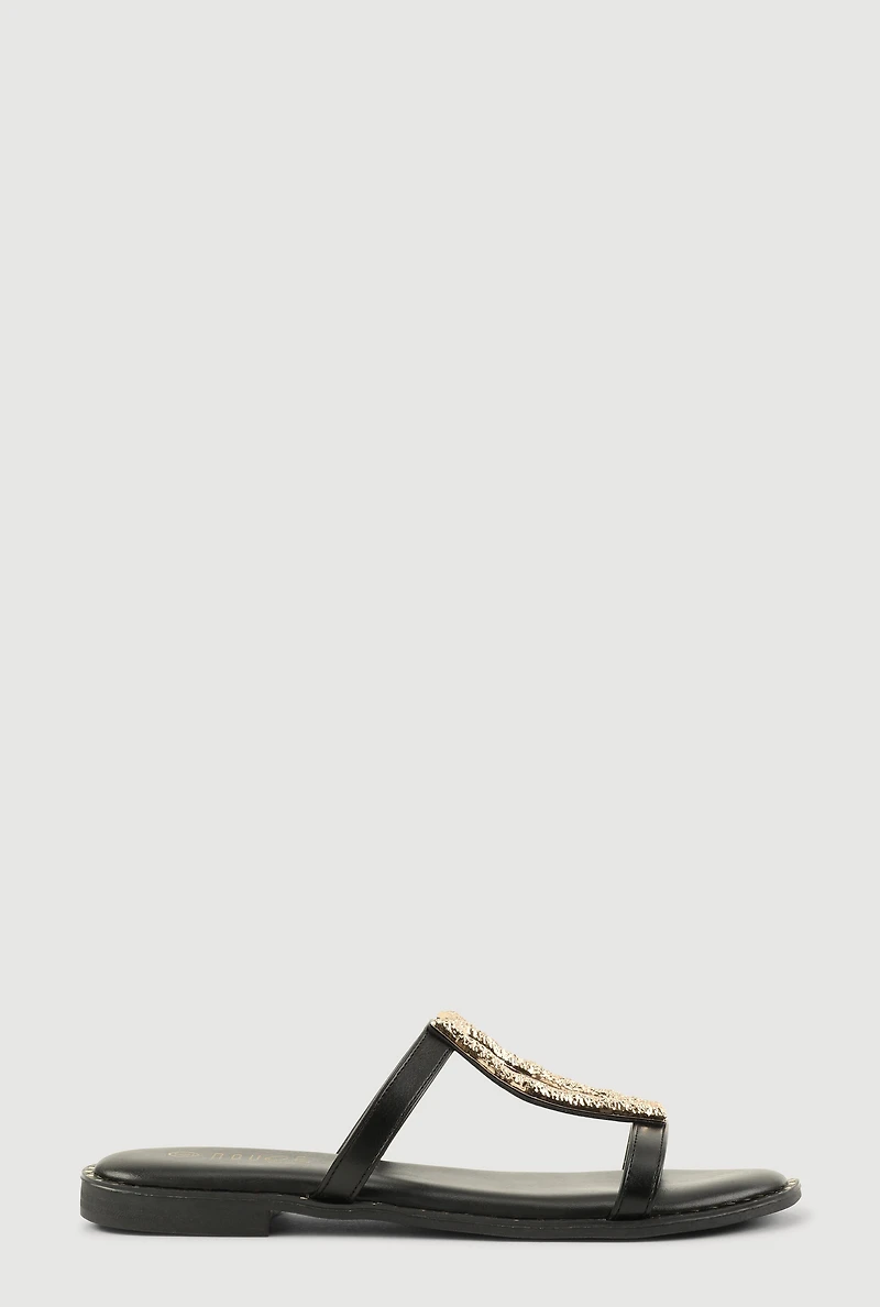 Womens Metallic Keyhole Detail Slide Sandals, Black, Size 10