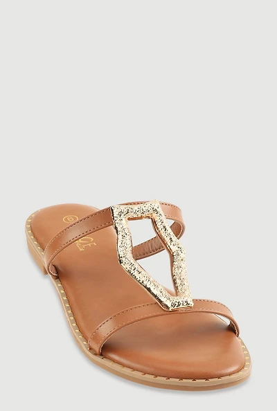 Womens Metallic Keyhole Detail Slide Sandals,