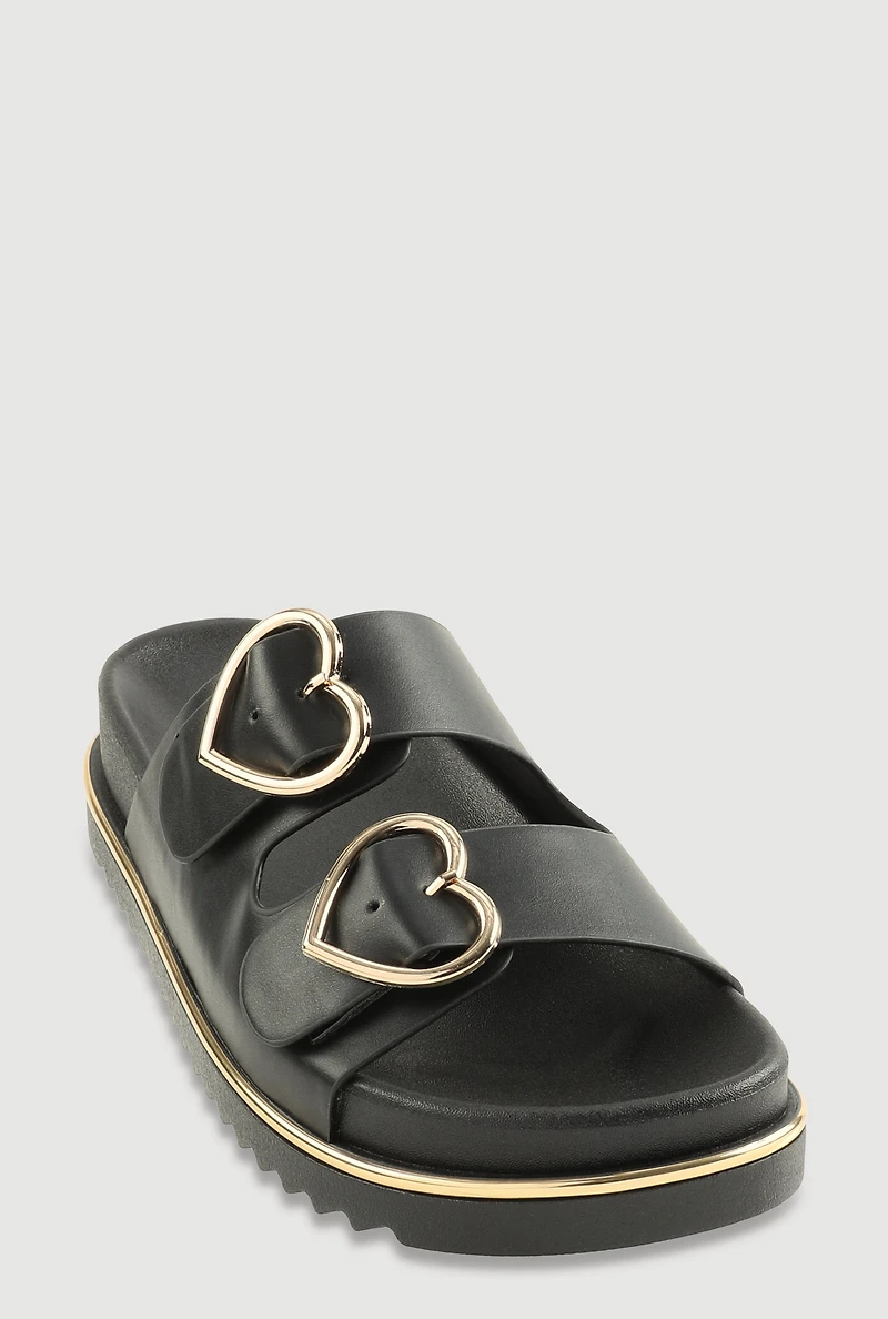 Womens Heart Buckle Double Band Footbed Sandals,