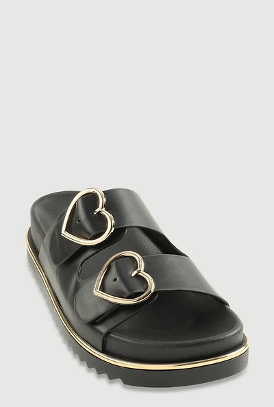 Womens Heart Buckle Double Band Footbed Sandals,