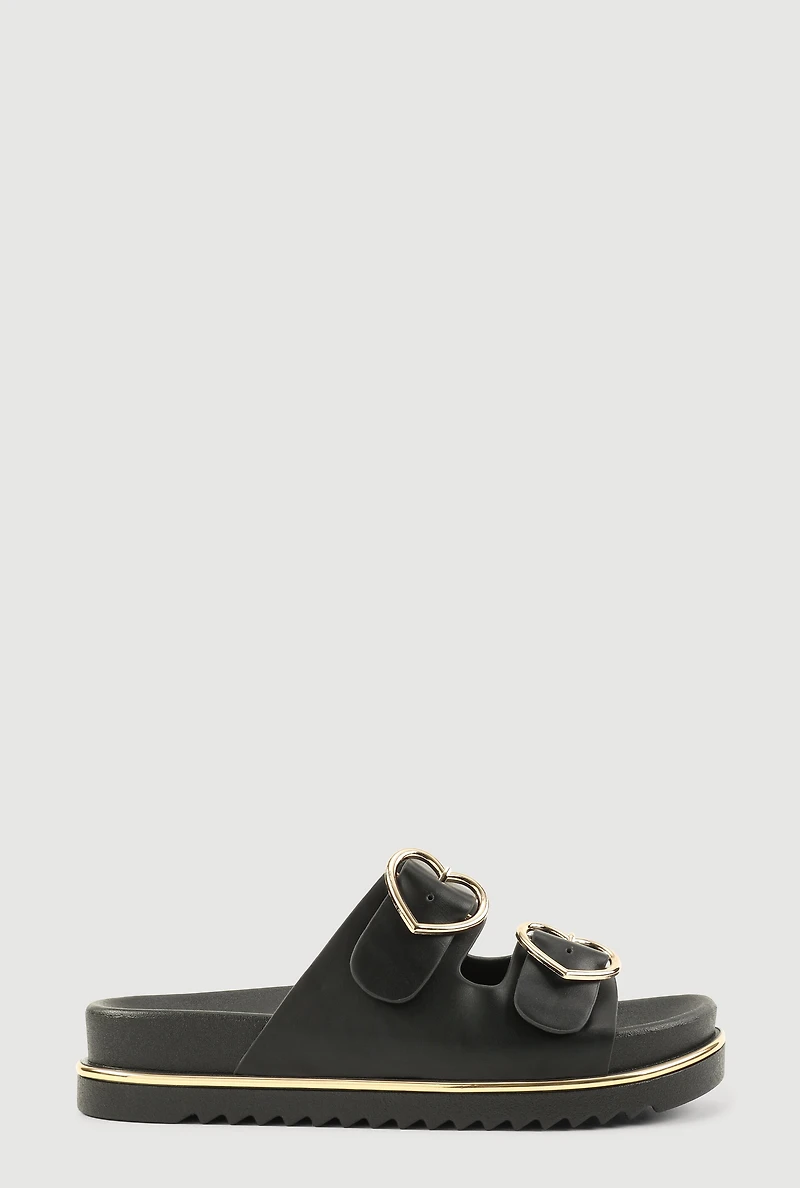 Womens Heart Buckle Double Band Footbed Sandals,