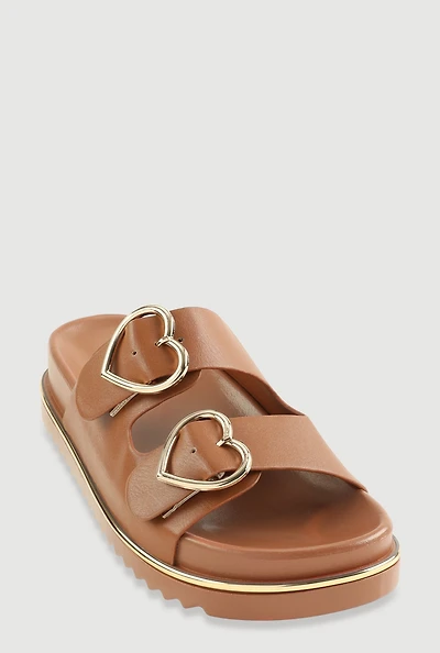 Womens Heart Buckle Double Band Footbed Sandals,
