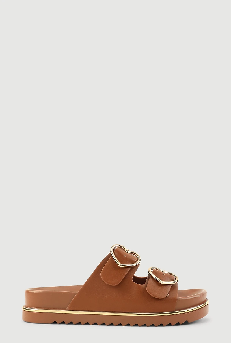 Womens Heart Buckle Double Band Footbed Sandals, Brown,
