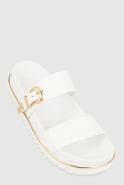 Womens Low Platform Buckle Slide Sandals, White, Size 10