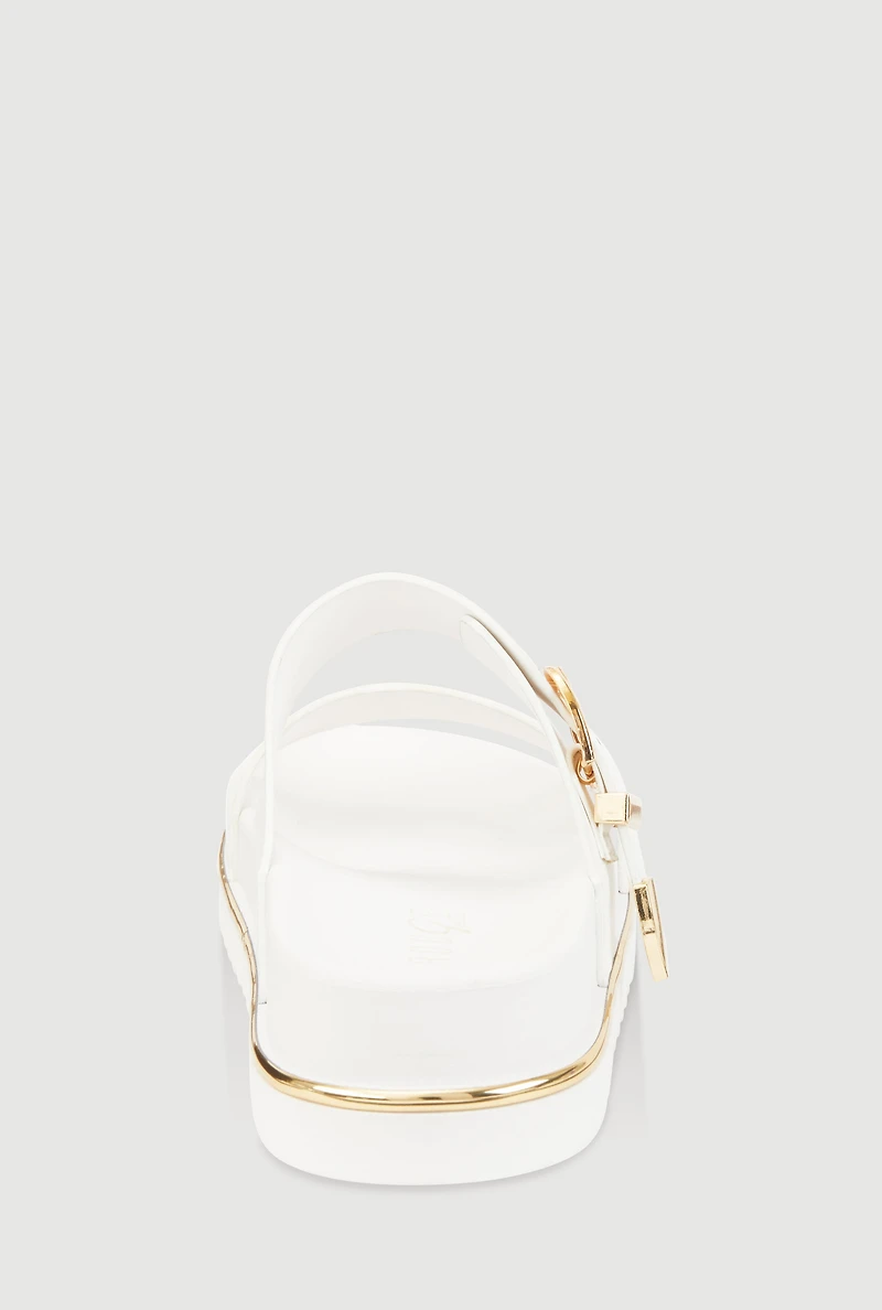 Womens Low Platform Buckle Slide Sandals, White, Size 10