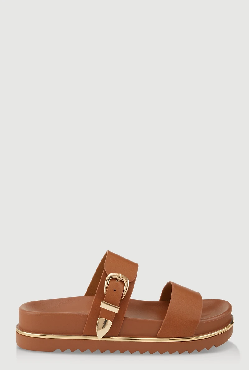 Womens Low Platform Buckle Slide Sandals, Brown, Size 9