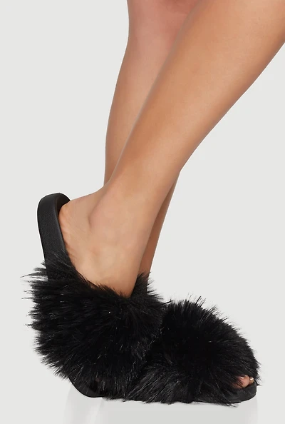 Womens Faux Fur Open Toe Slide Sandals,