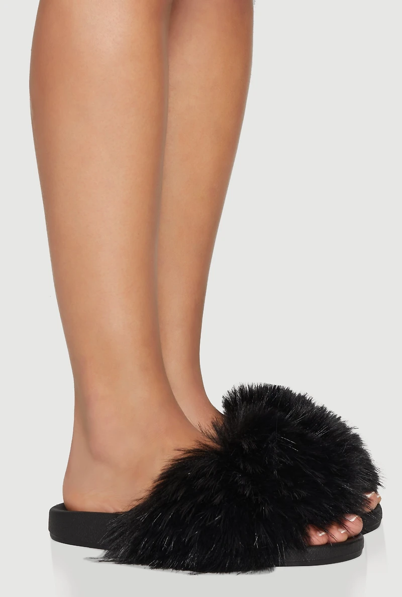 Womens Faux Fur Open Toe Slide Sandals,