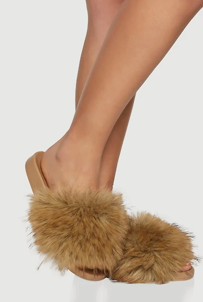 Womens Faux Fur Open Toe Slide Sandals,