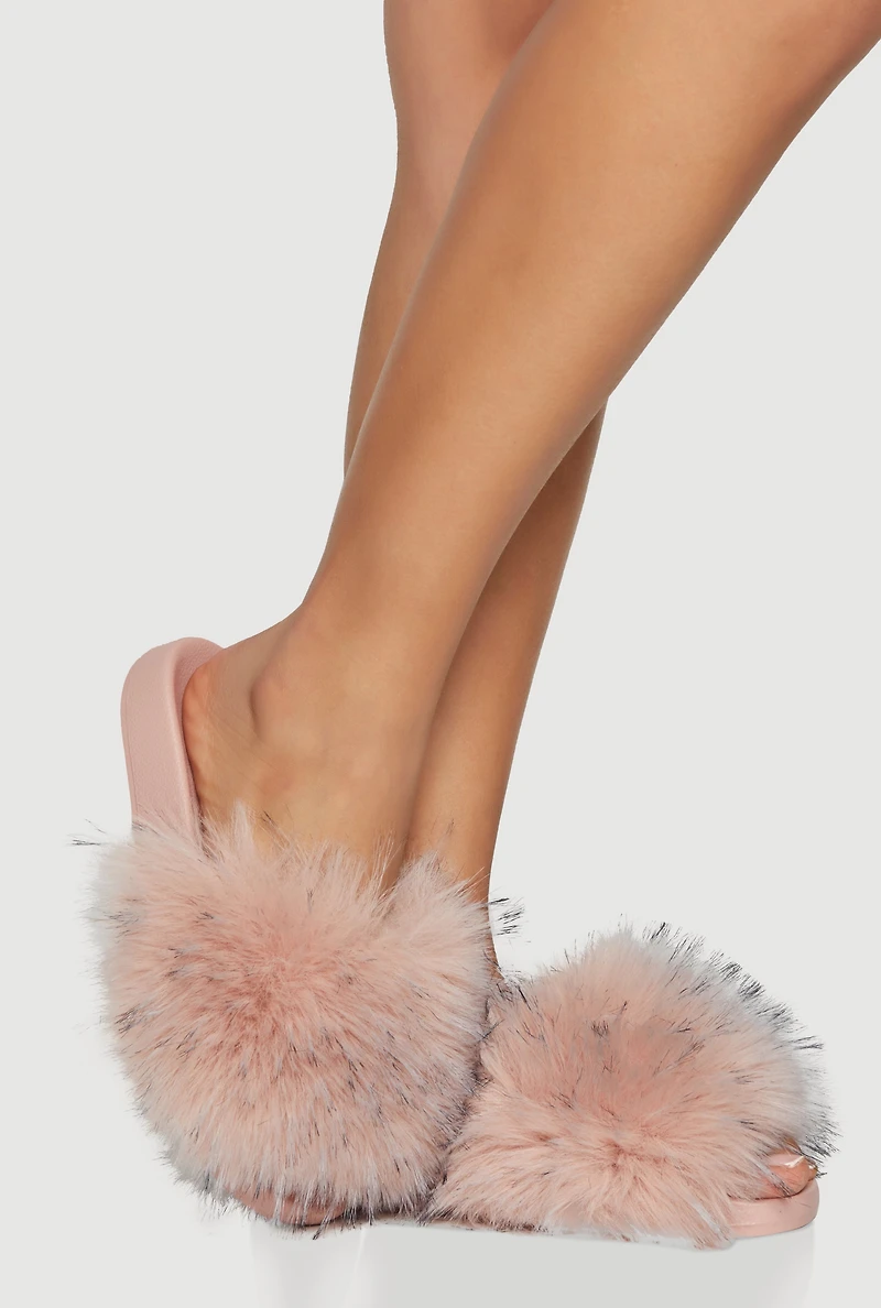 Faux Fur Open Toe Slide Sandals