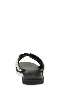 Womens Rhinestone Faux Pearl H Band Slide Sandals, Black, Size 11