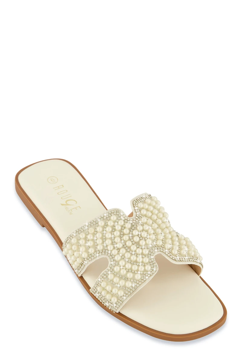 Rhinestone Faux Pearl H Band Slide Sandals