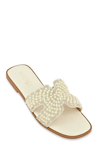 Rhinestone Faux Pearl H Band Slide Sandals