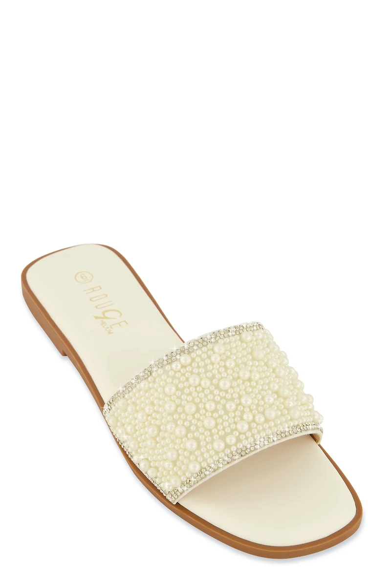 Womens Rhinestone Trim Faux Pearl Band Slide Sandals, White, Size 11